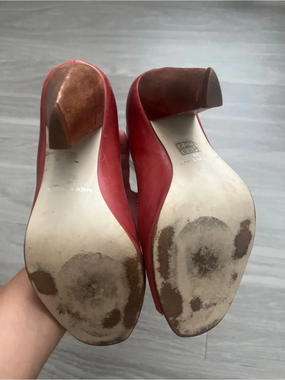 ALDO Coral Red Peep Toe Leather Block Heel Pumps Size 39